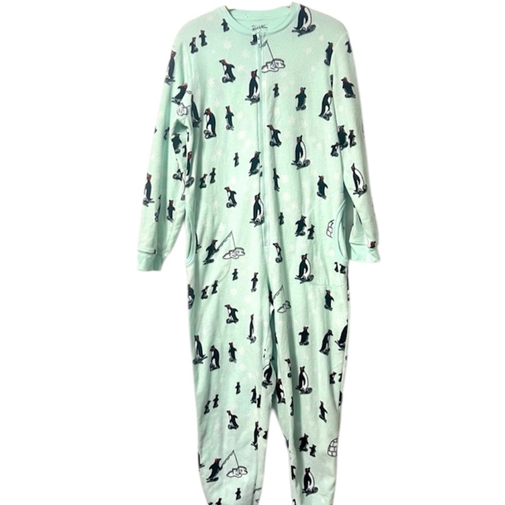 Nick and Nora Penguin Zip Up One Piece Onesie Fleece Pajamas Sleepwear Size S